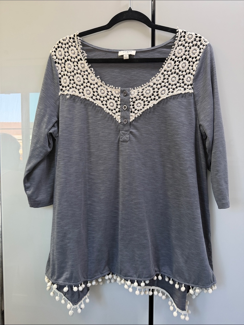 Umgee Gray Tunic with Cream Crochet Yoke and Pom Trim